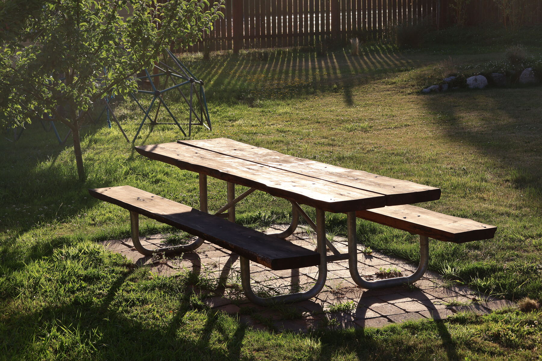 A rough-hewn picnic table catching low evening light